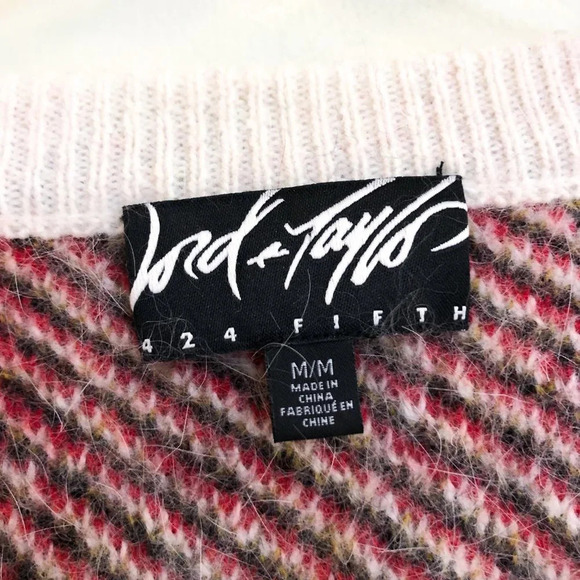 Lord & Taylor 424 Fifth Rabbit Hair Wool Blend Plaid Holiday V Neck Sweater M - Picture 5 of 7